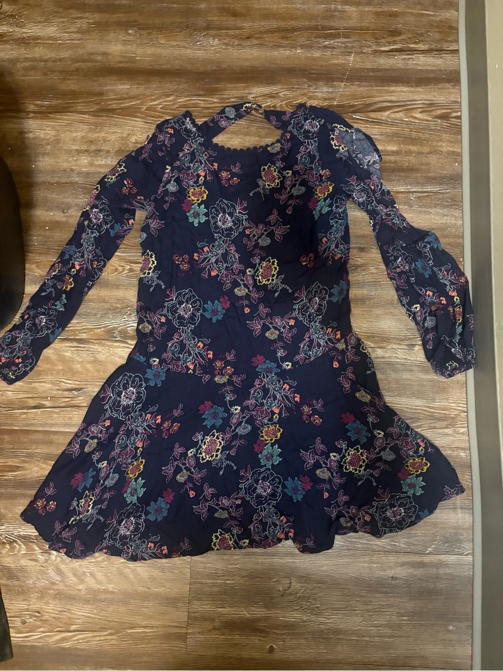 Xhilaration Navy Floral Long-Sleeve Swing Dress